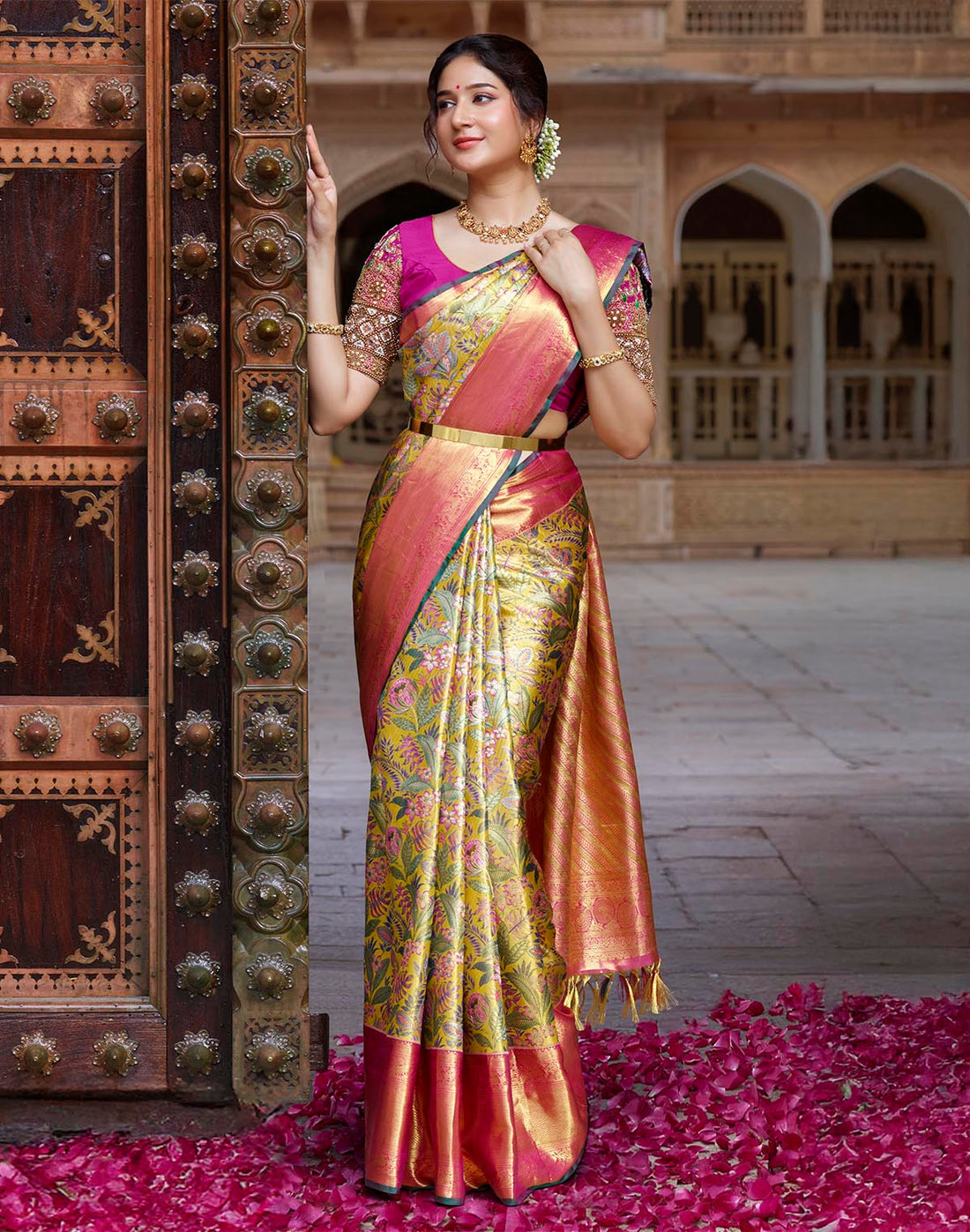 Mustard Floral Design Kanchipuram Pure Silk Contrast Border Saree