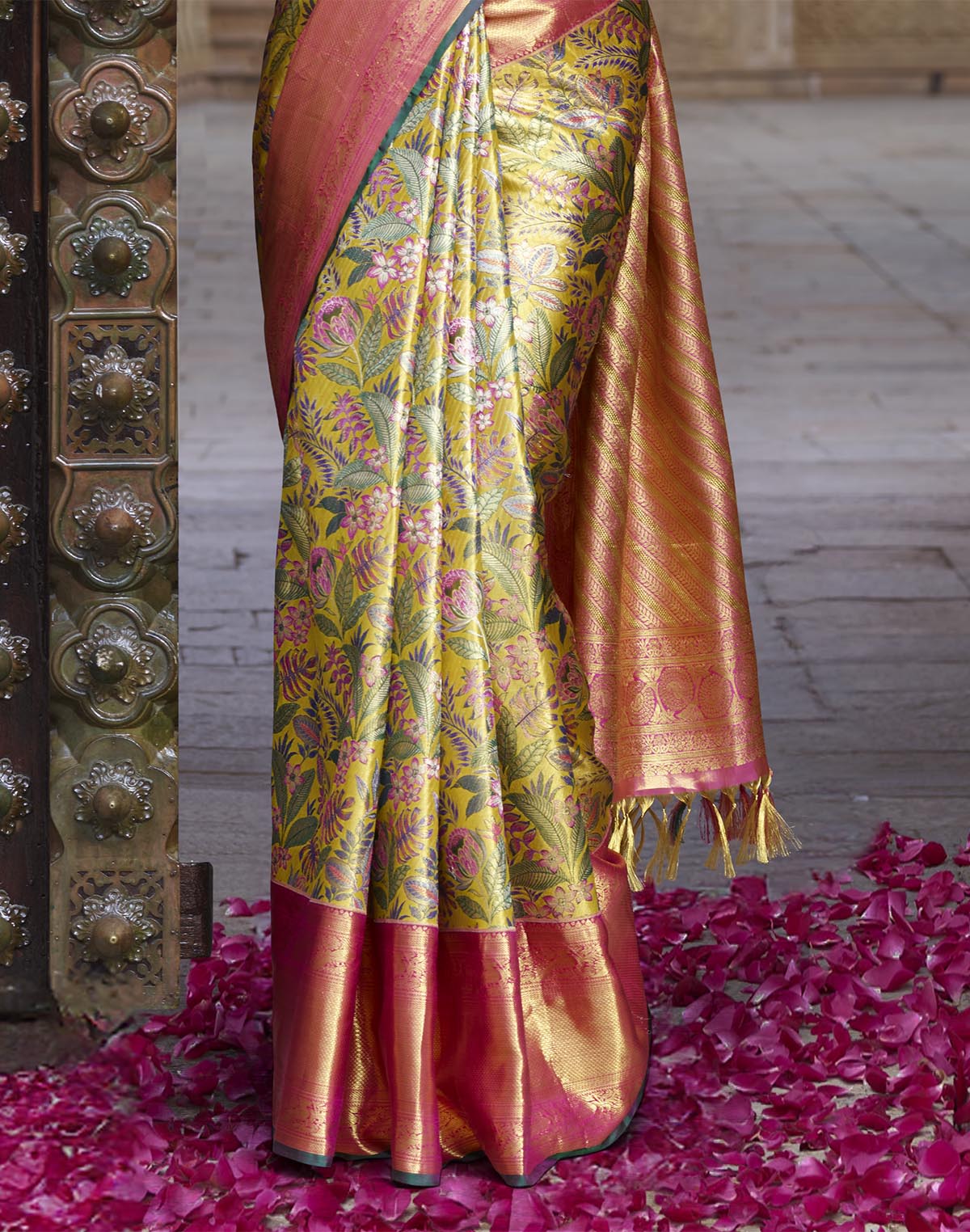 Mustard Floral Design Kanchipuram Pure Silk Contrast Border Saree