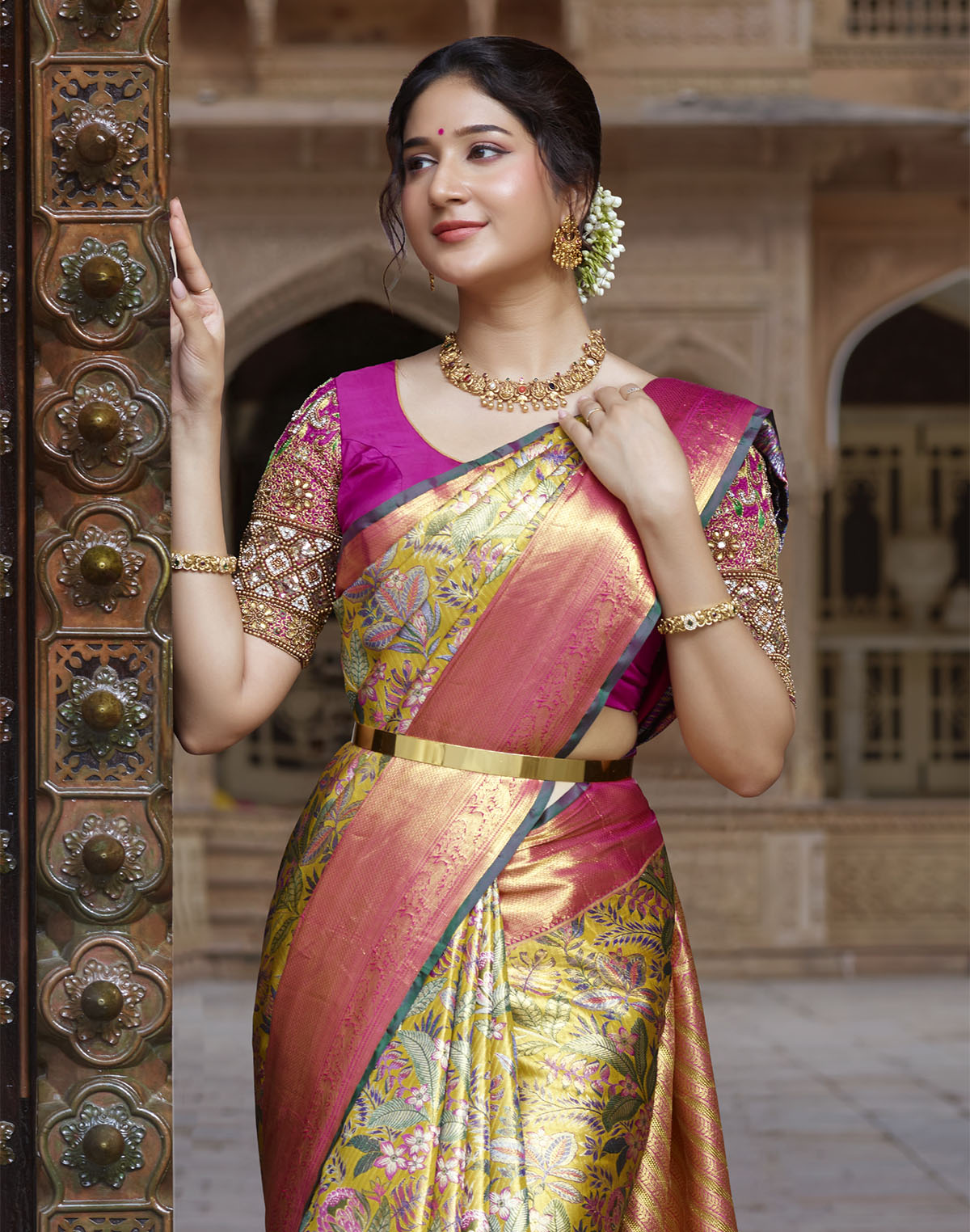 Mustard Floral Design Kanchipuram Pure Silk Contrast Border Saree