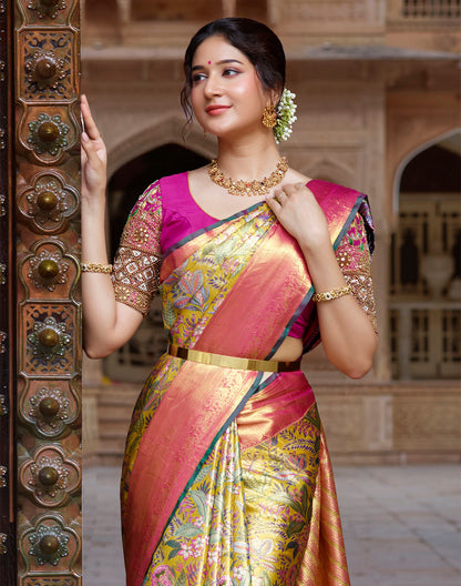 Mustard Floral Design Kanchipuram Pure Silk Contrast Border Saree