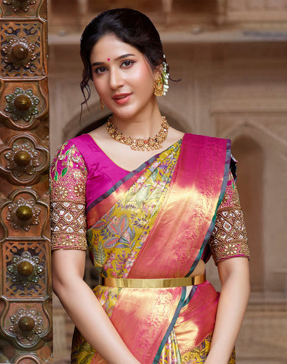 Mustard Floral Design Kanchipuram Pure Silk Contrast Border Saree