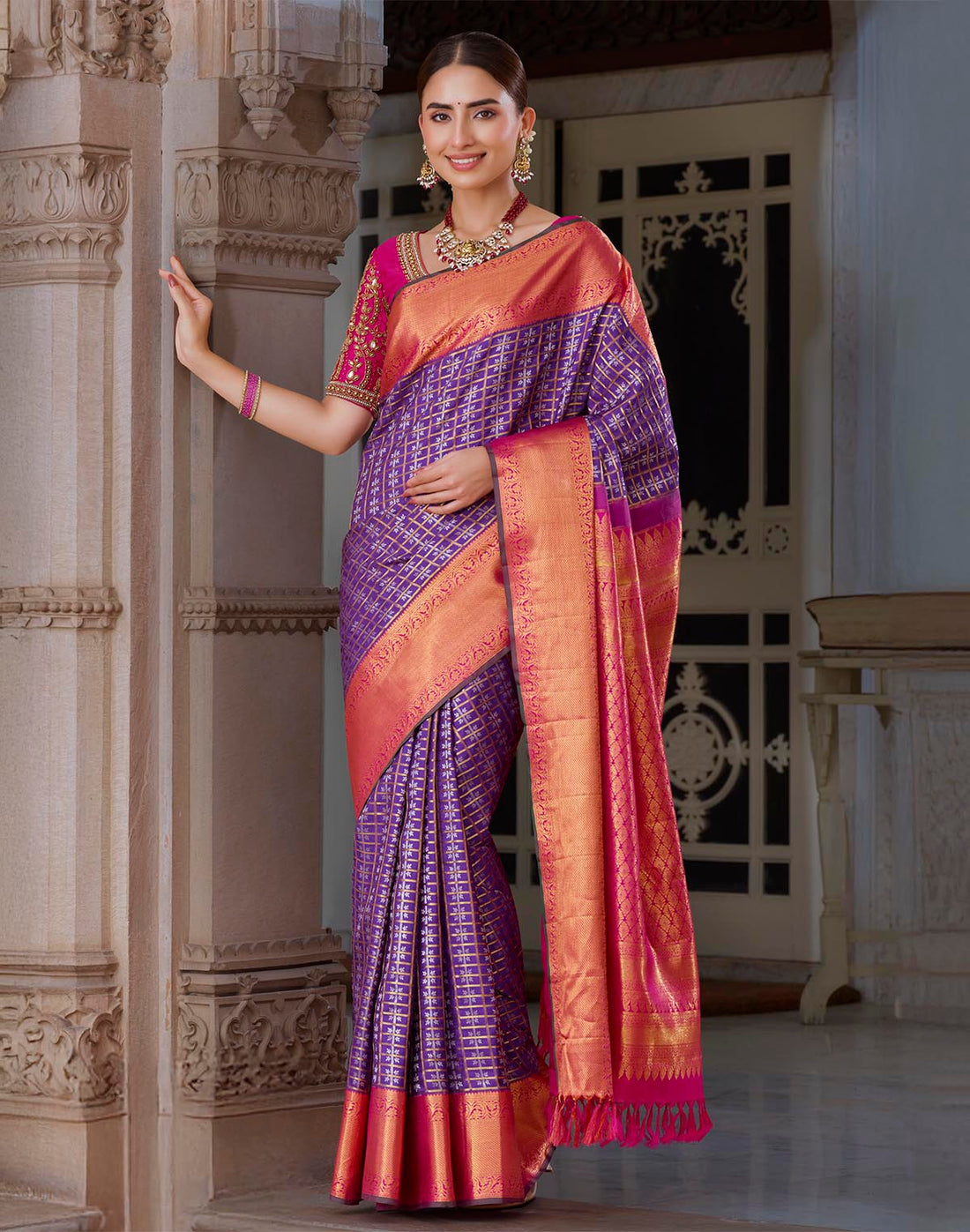 Elegant Purple Kanchipuram Pure Silk Saree With Contrast Border