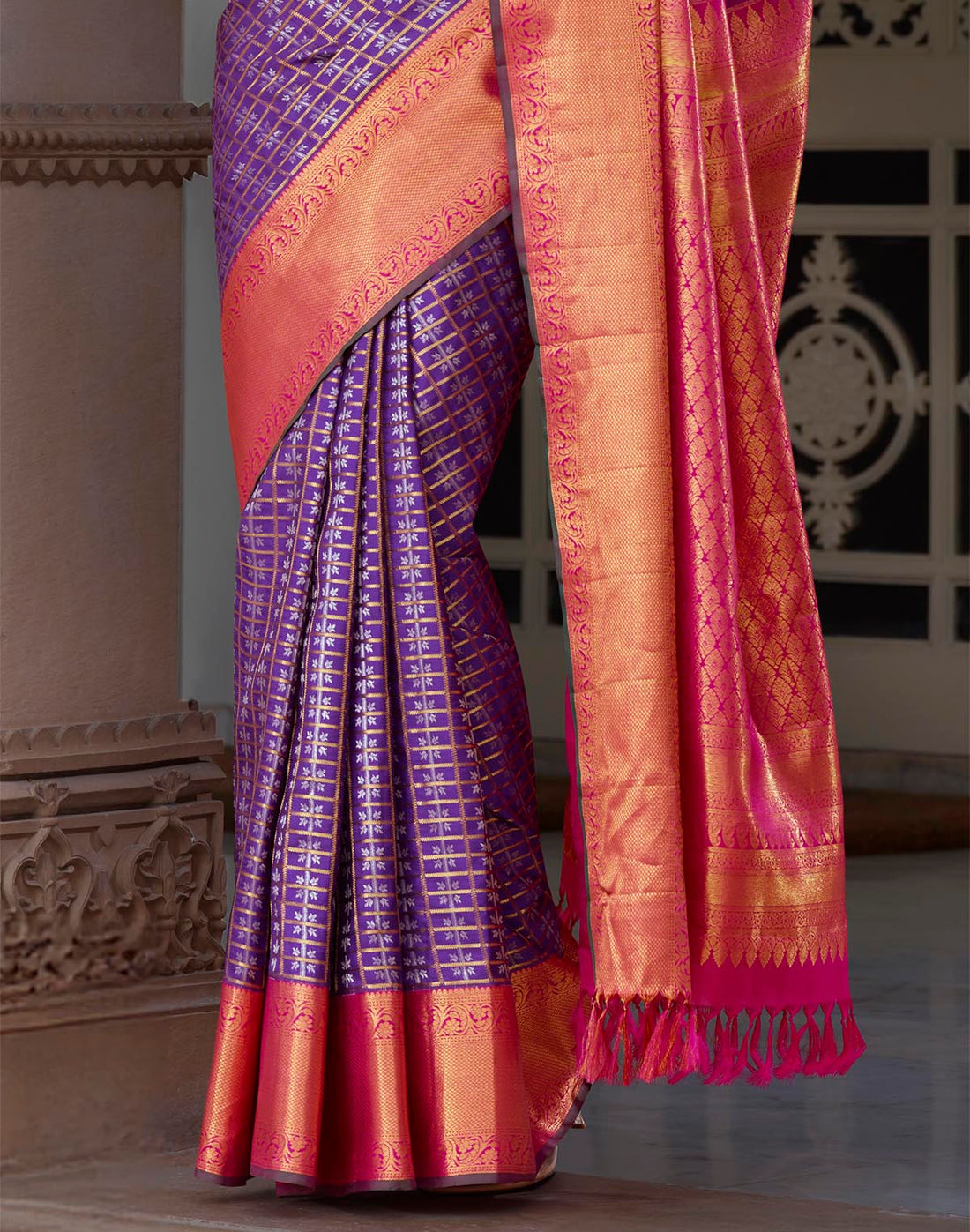 Elegant Purple Kanchipuram Pure Silk Saree With Contrast Border