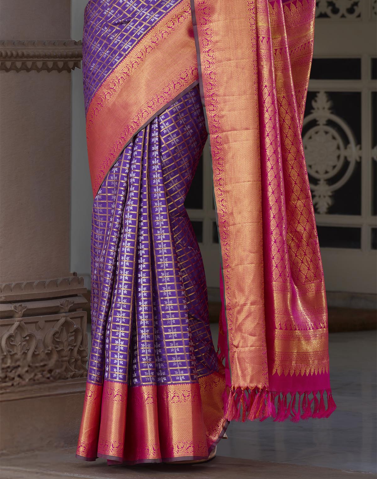 Elegant Purple Kanchipuram Pure Silk Saree With Contrast Border