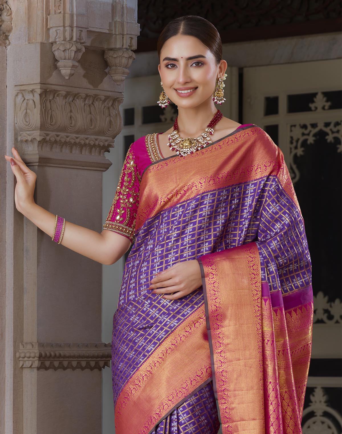 Elegant Purple Kanchipuram Pure Silk Saree With Contrast Border