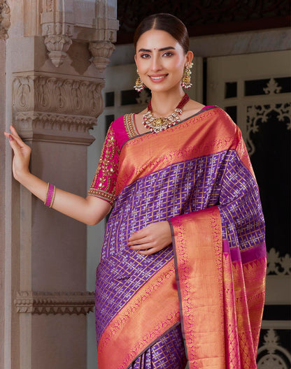 Elegant Purple Kanchipuram Pure Silk Saree With Contrast Border