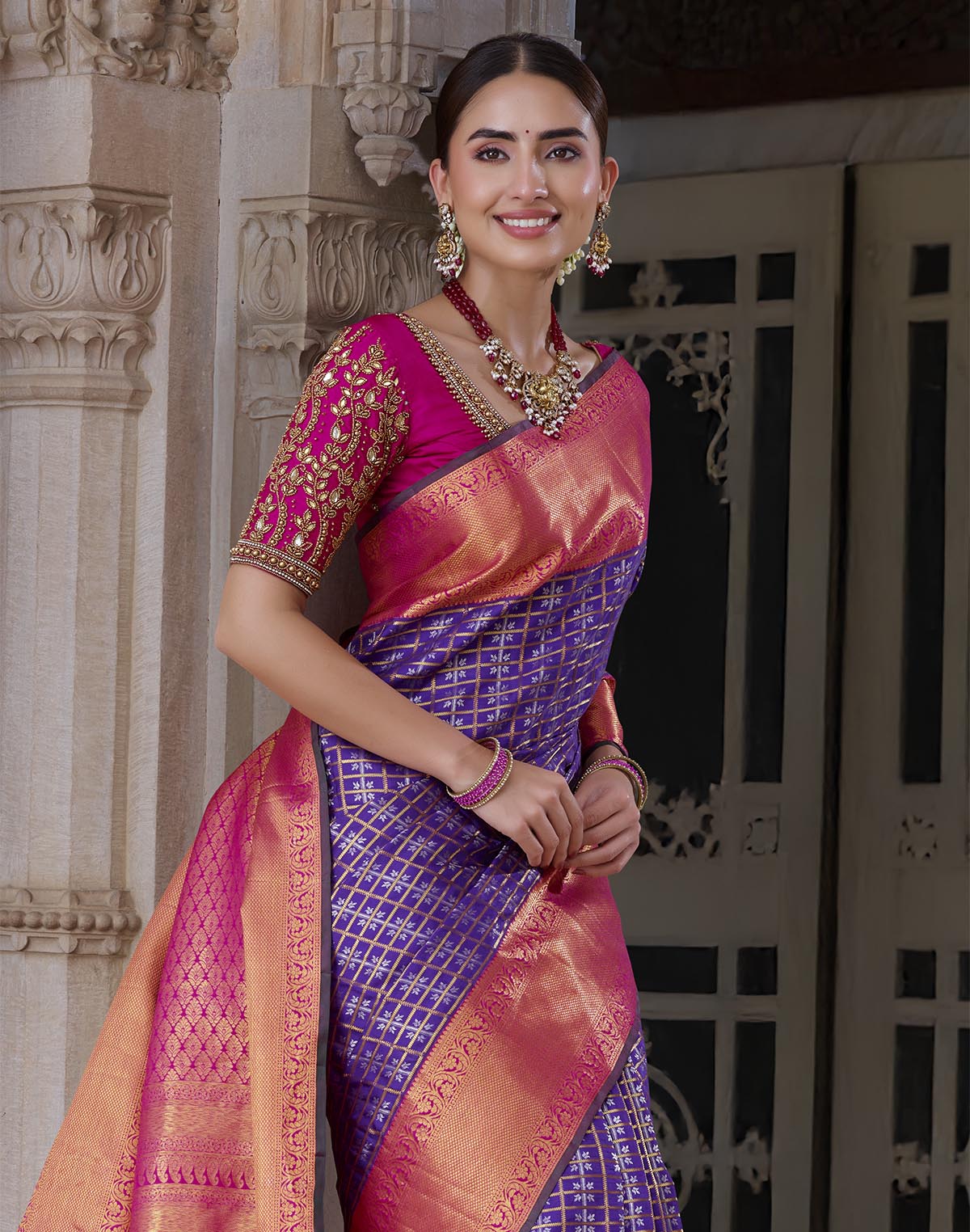 Elegant Purple Kanchipuram Pure Silk Saree With Contrast Border