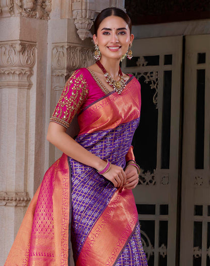 Elegant Purple Kanchipuram Pure Silk Saree With Contrast Border