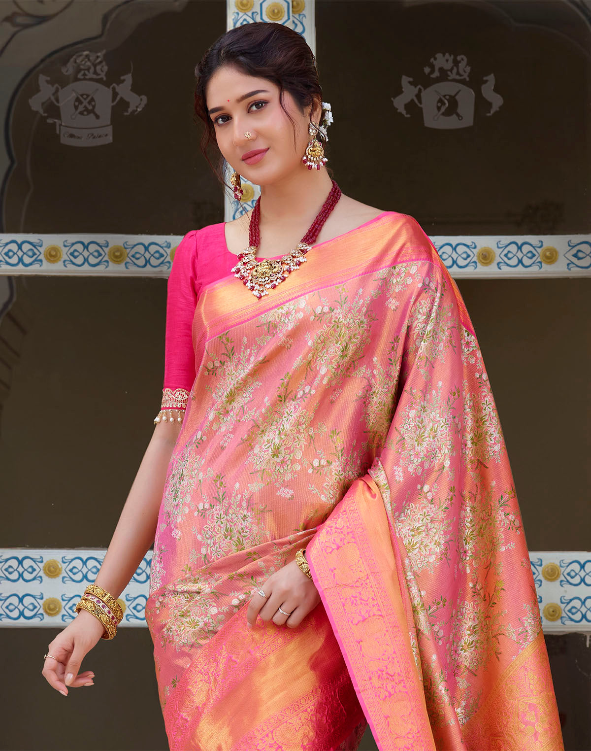 Double Shaded Peach Tissue Jaal Skut Border Saree