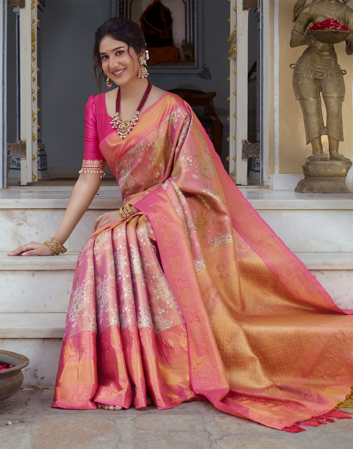 Double Shaded Peach Tissue Jaal Skut Border Saree