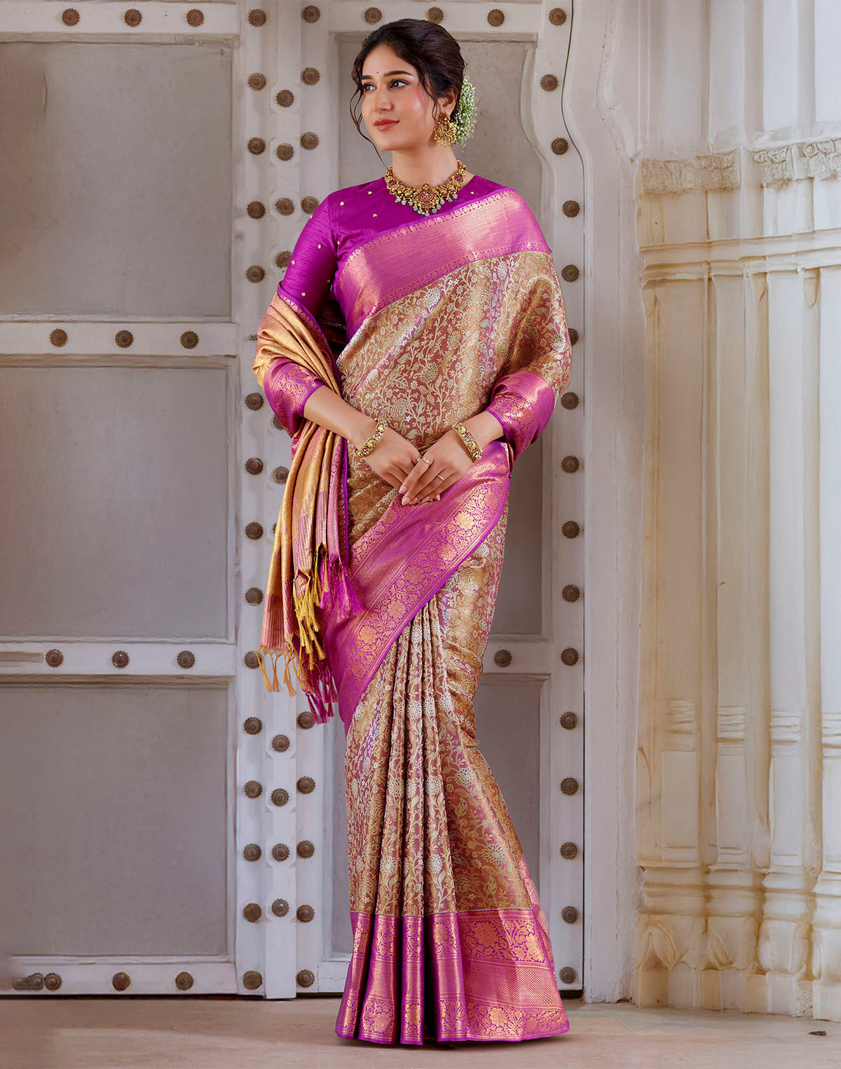 Double Shaded Beige Tissue Jaal Pure Silk Contrast Saree