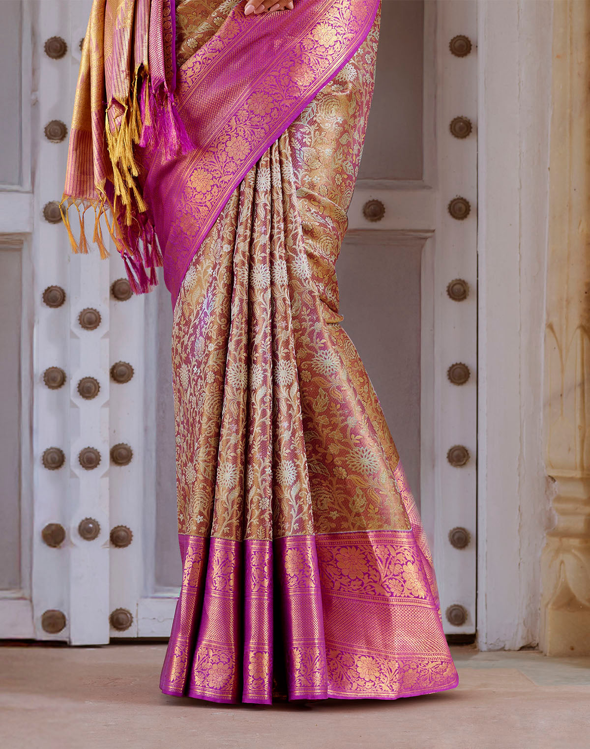 Double Shaded Beige Tissue Jaal Pure Silk Contrast Saree