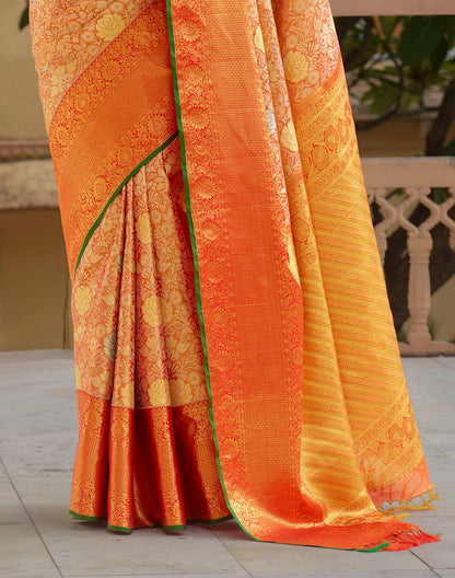 Orange and Green Floral Design Pure Silk Saree With Self Border