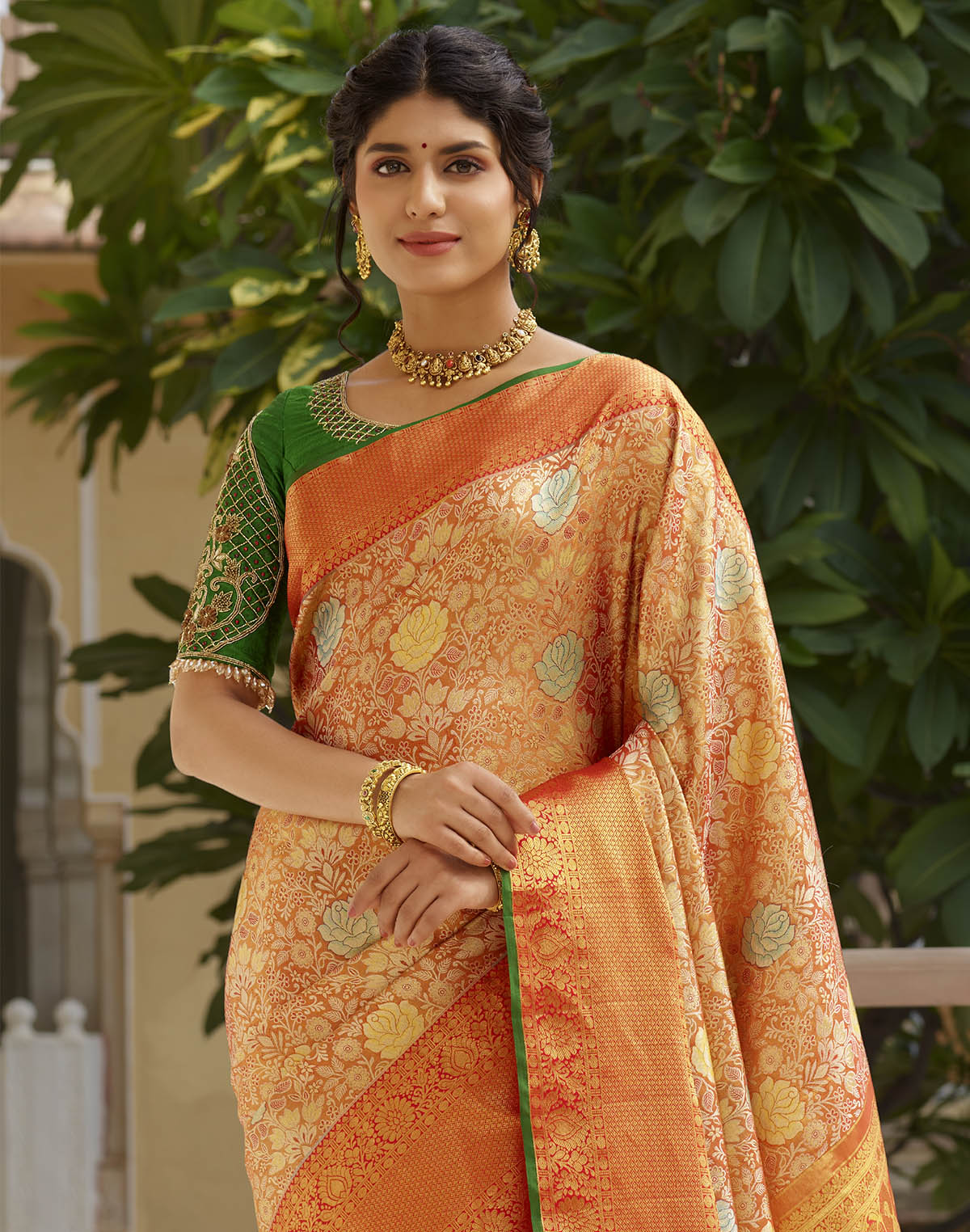 Orange and Green Floral Design Pure Silk Saree With Self Border