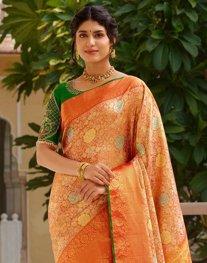 Orange and Green Floral Design Pure Silk Saree With Self Border