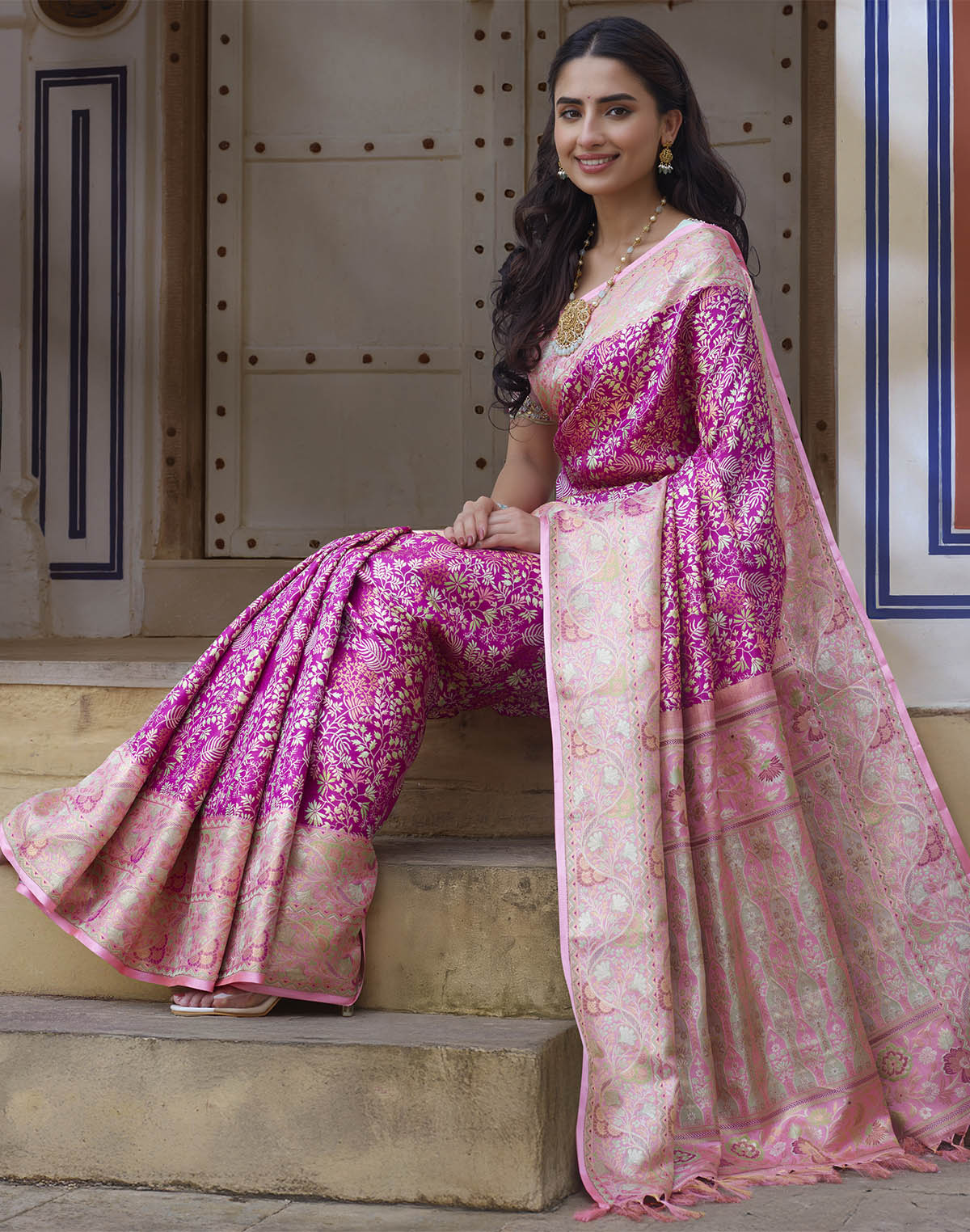 Pink All Over Floral Design Pure Silk Saree With Contrast Blouse