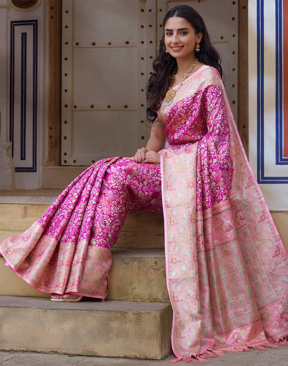 Pink All Over Floral Design Pure Silk Saree With Contrast Blouse