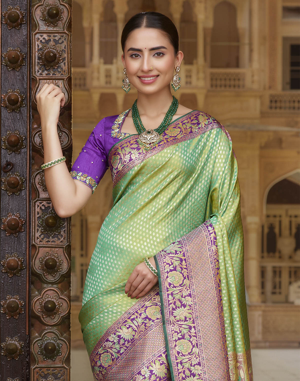 Double Shaded Green Brocade Design Pure Silk Contrast Skut Border Saree