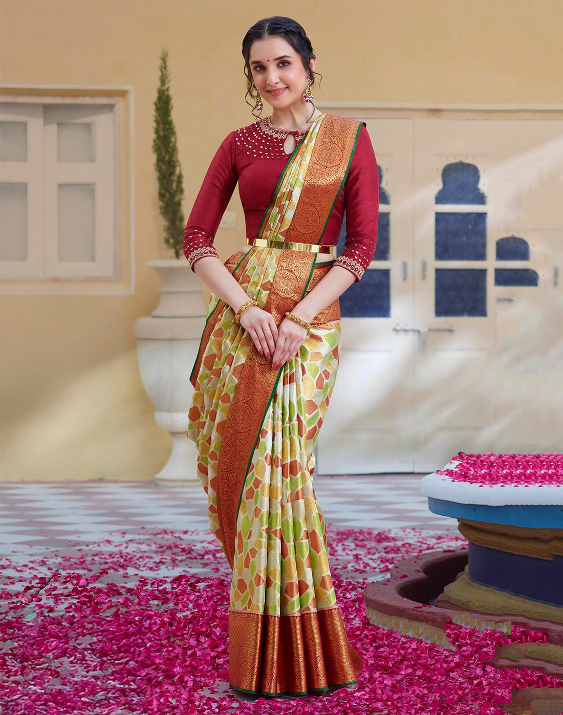 Multi Color Tissue Jaal Pure Silk Saree With Contrast Blouse