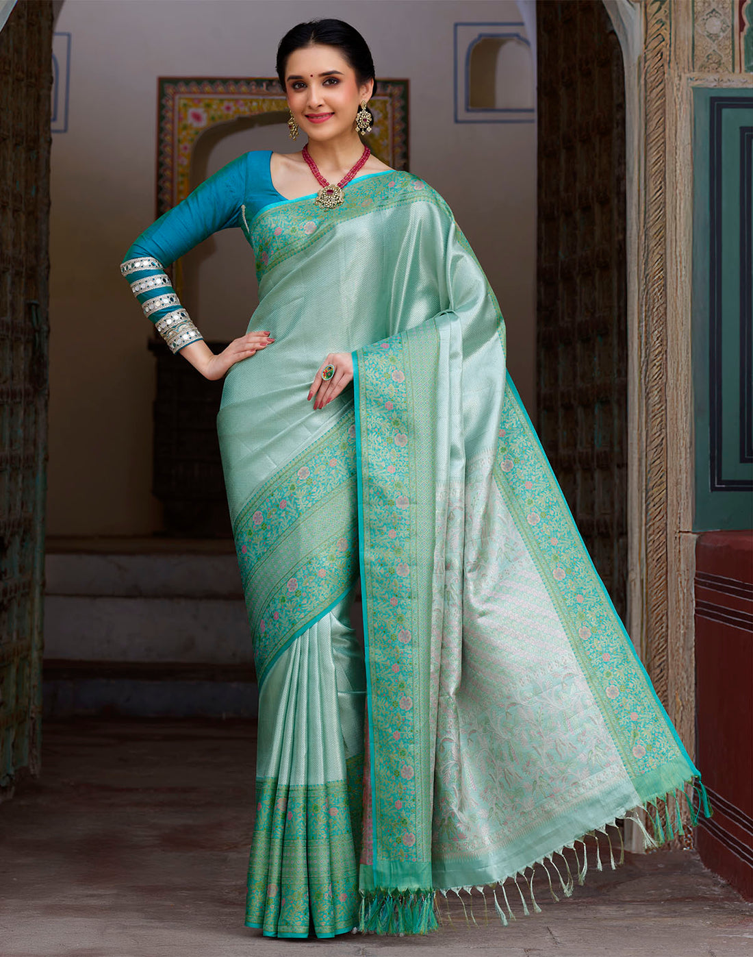 Sea Green Self Design Kanchipuram Pure Silk Saree