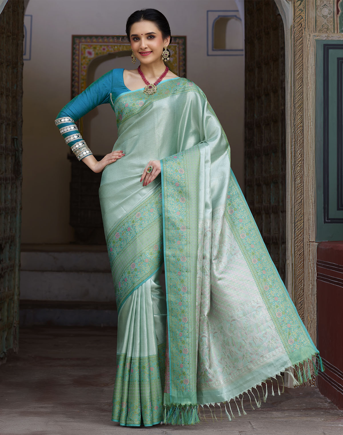 Sea Green Self Design Kanchipuram Pure Silk Saree