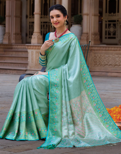 Sea Green Self Design Kanchipuram Pure Silk Saree