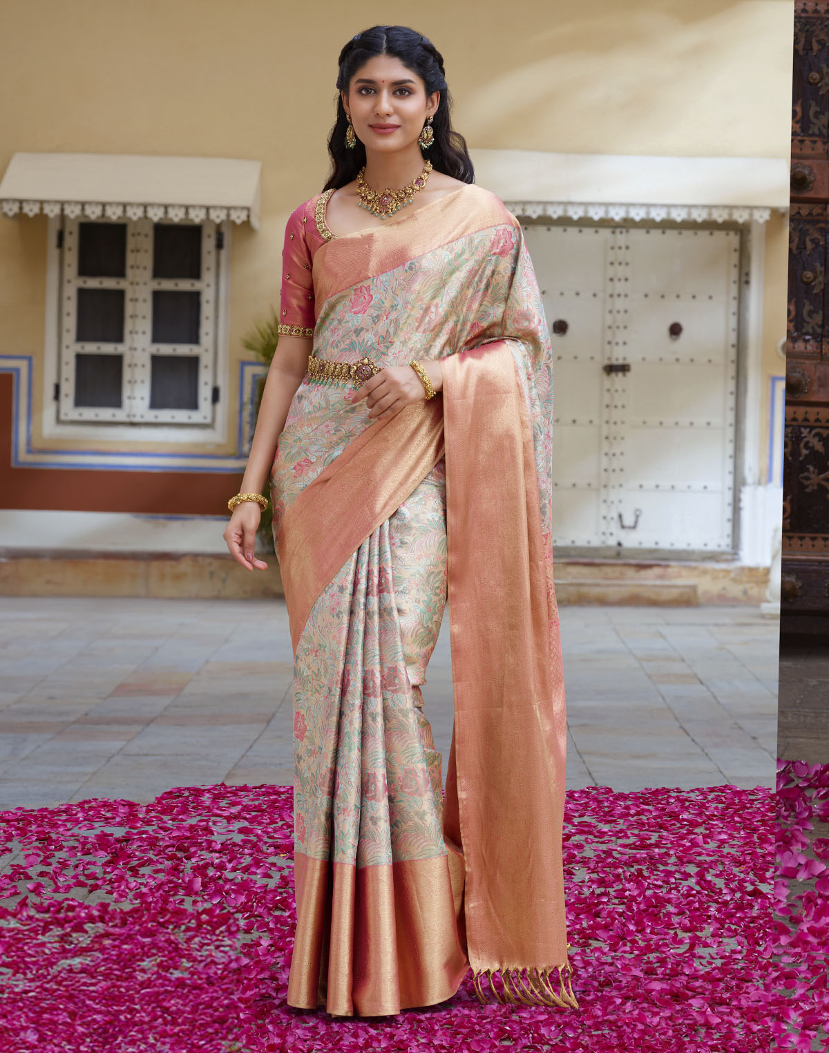 Double Shaded Grey Tissue Jaal Kanchipuram Pure Silk Saree