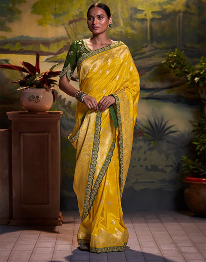 Yellow Coloured Pure Dola Silk Saree With Embroidery Blouse