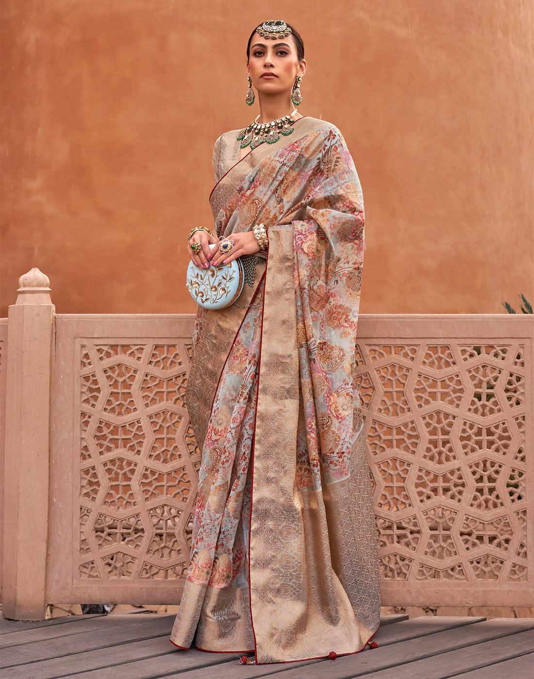 Multi Color all over Floral Digital Print Organza Saree