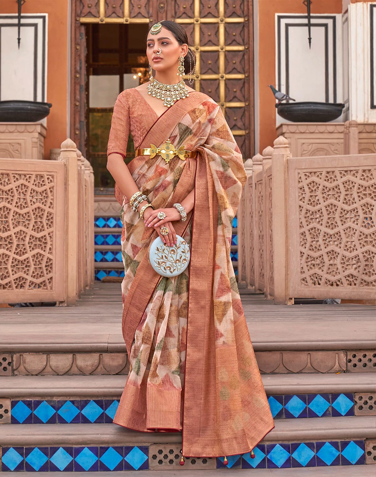 Floral Digital Print Organza Saree in Brown