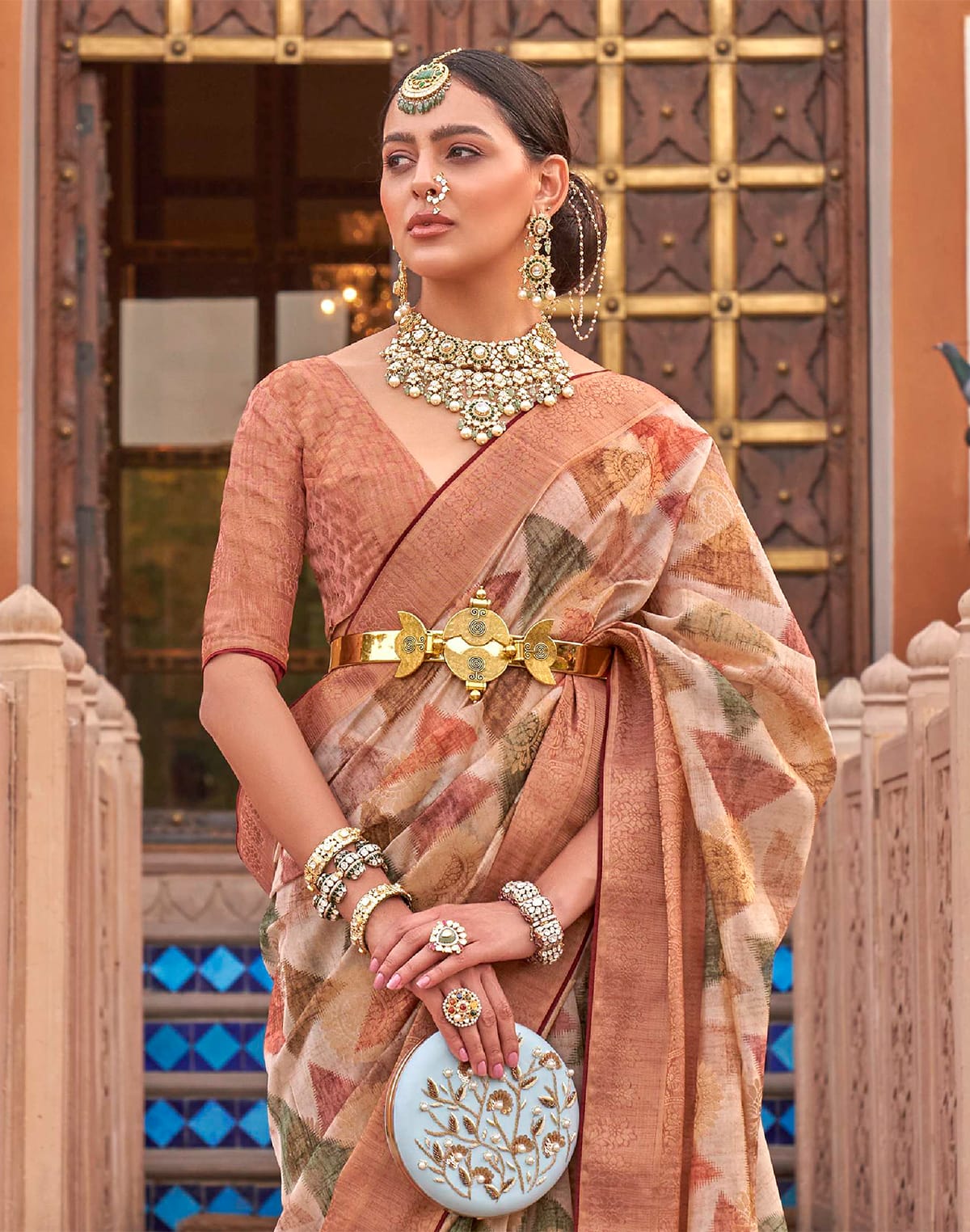 Floral Digital Print Organza Saree in Brown