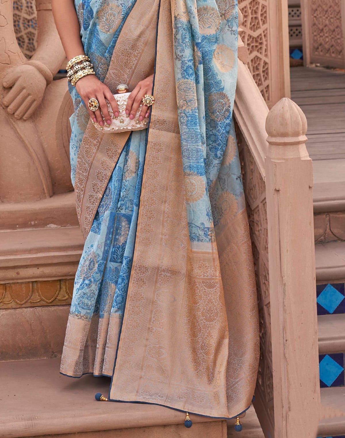 Aqua Blue Organza Digital Print Saree