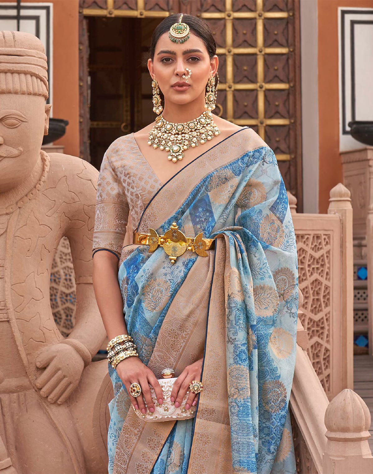 Aqua Blue Organza Digital Print Saree