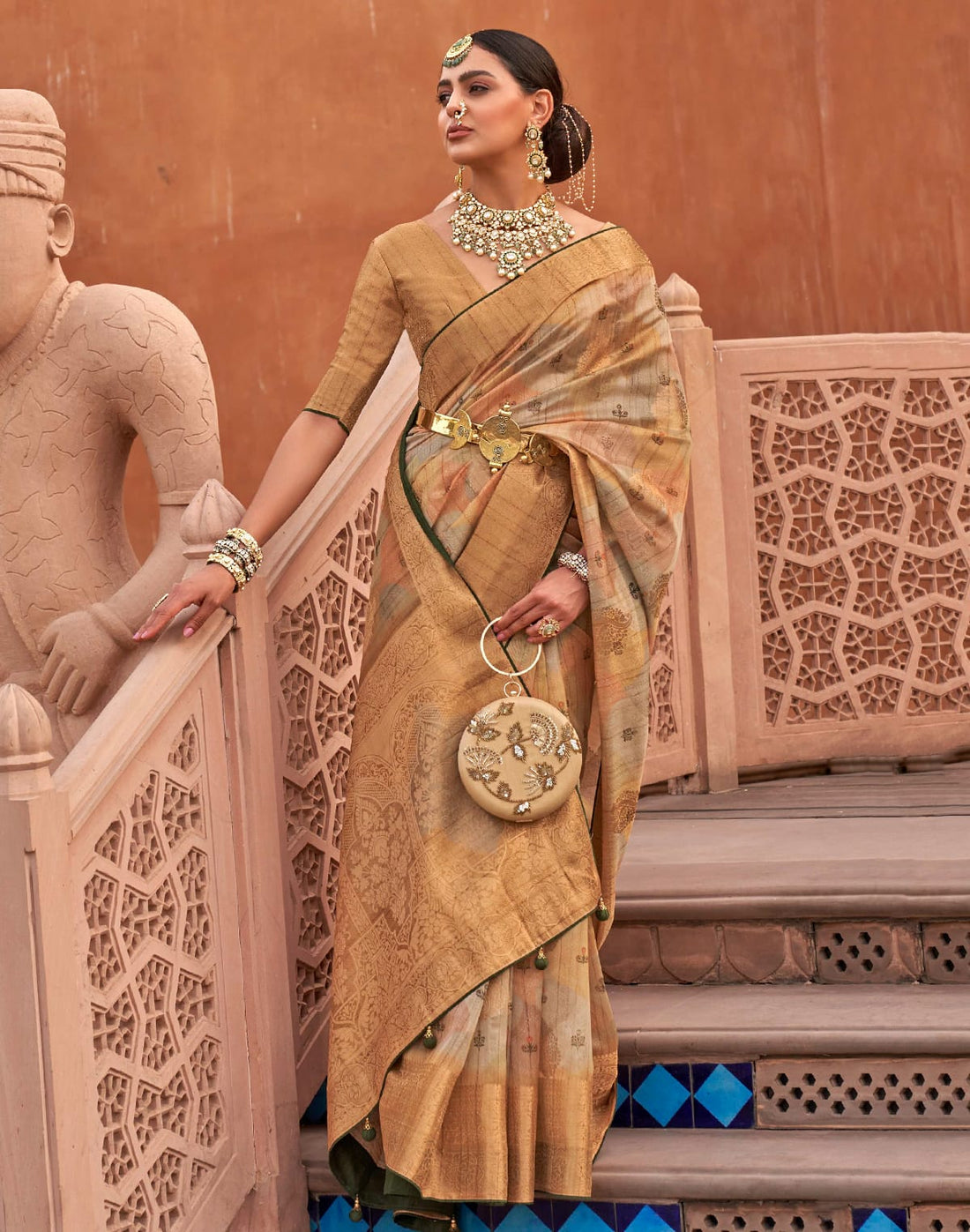 Beige Organza Digital Print Saree