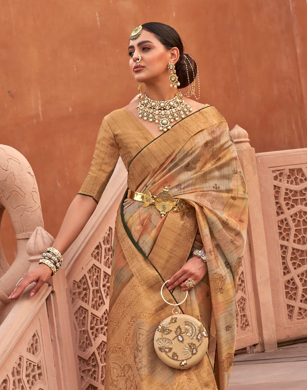 Beige Organza Digital Print Saree