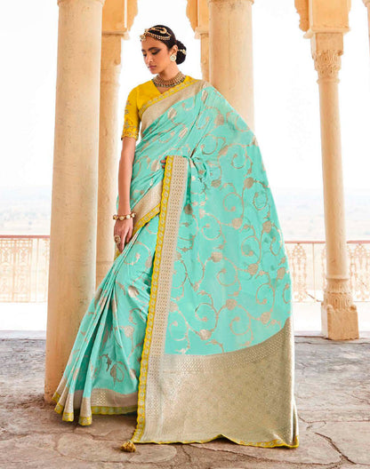 Turquoise Floral Dola Silk Banarasi Saree With Embroidery Blouse