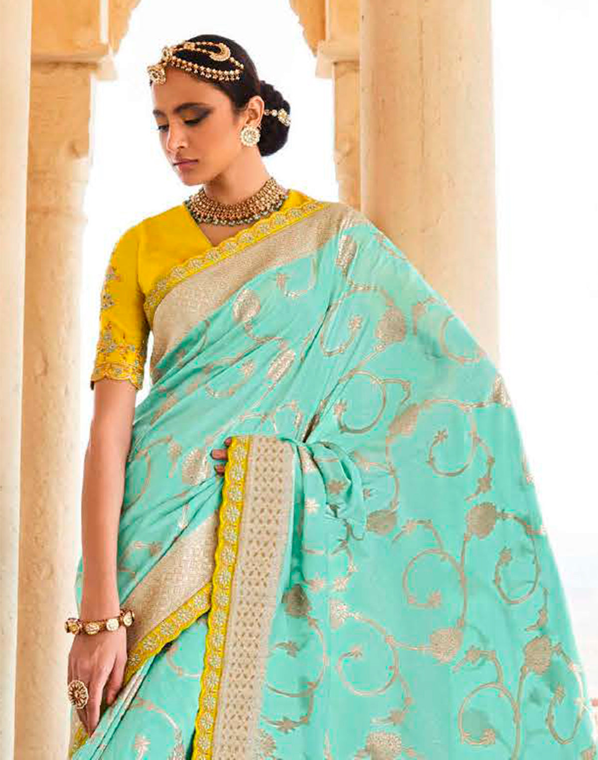 Turquoise Floral Dola Silk Banarasi Saree With Embroidery Blouse