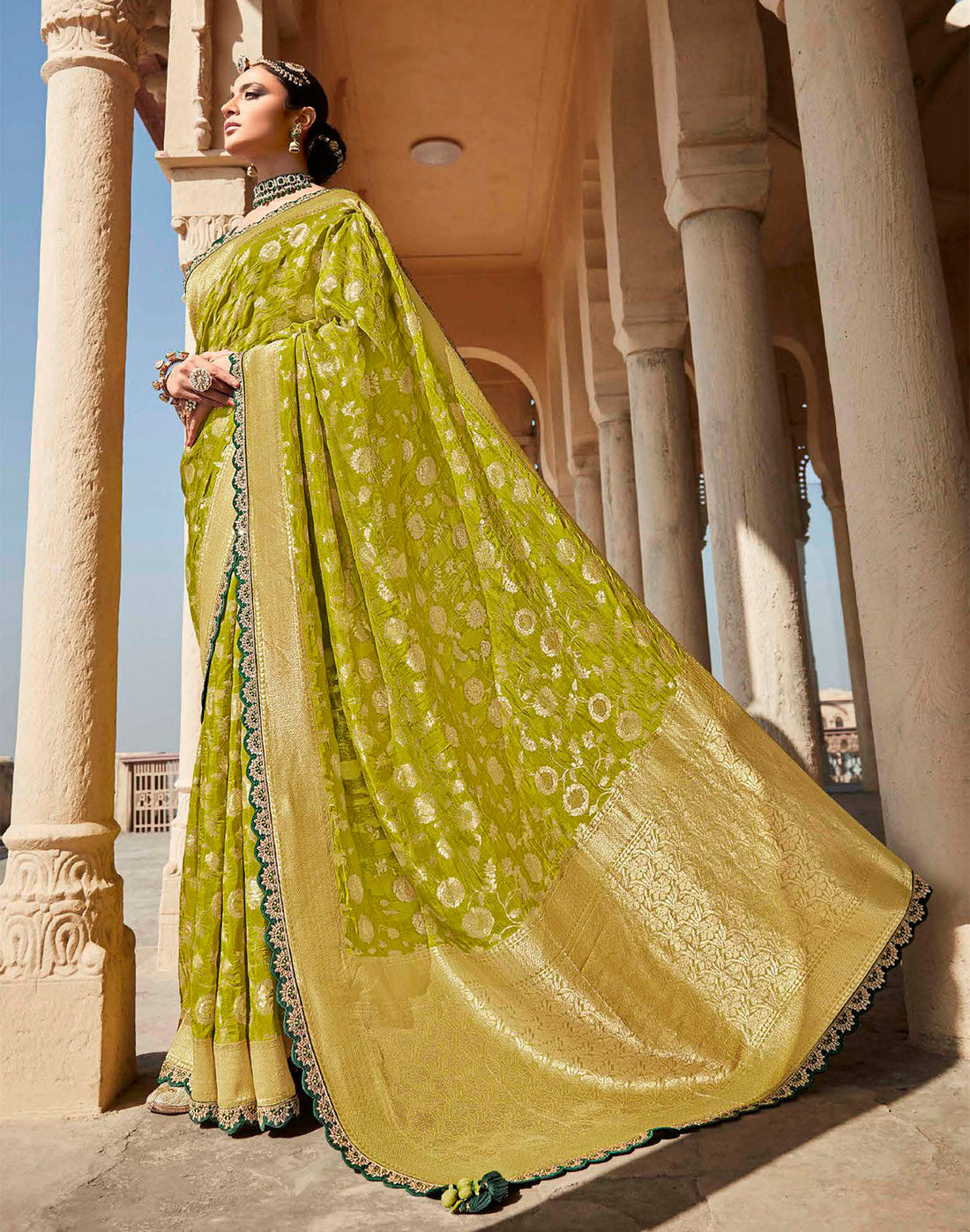 Mehendi Green Floral Fancy Lace Border Banarasi Dola Silk Saree With Designer Blouse