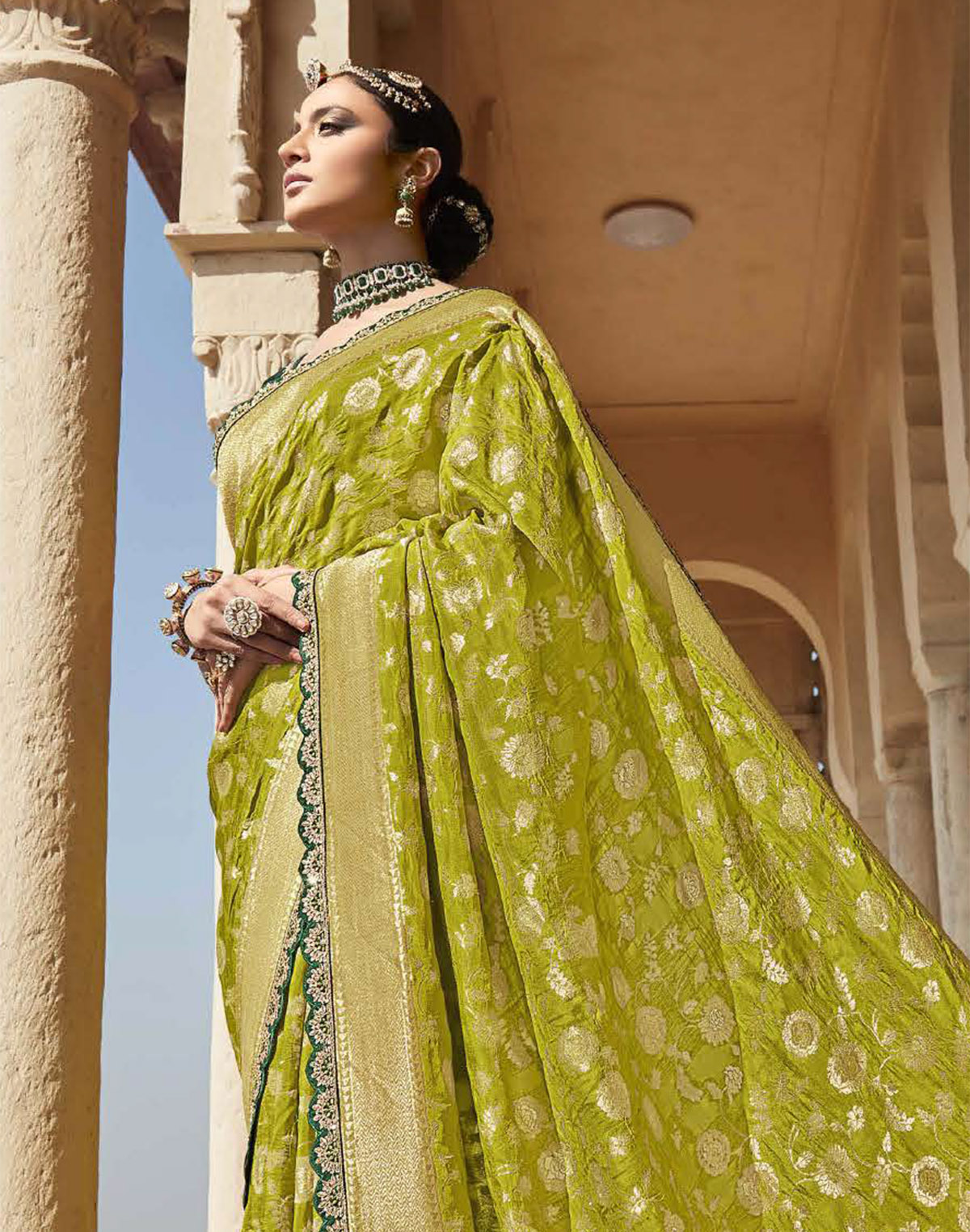 Mehendi Green Floral Fancy Lace Border Banarasi Dola Silk Saree With Designer Blouse