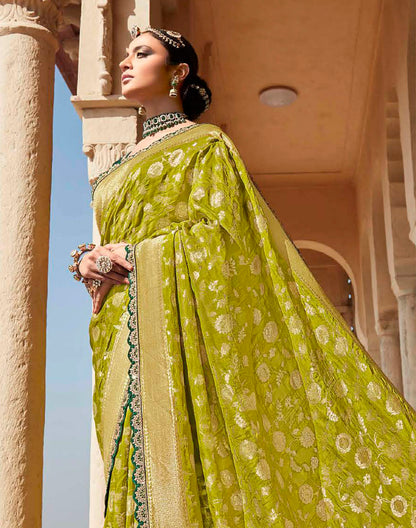 Mehendi Green Floral Fancy Lace Border Banarasi Dola Silk Saree With Designer Blouse