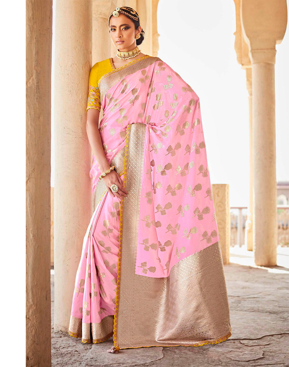 Light Pink Banarasi Dola Silk Lace Border Saree With Embroidered Blouse