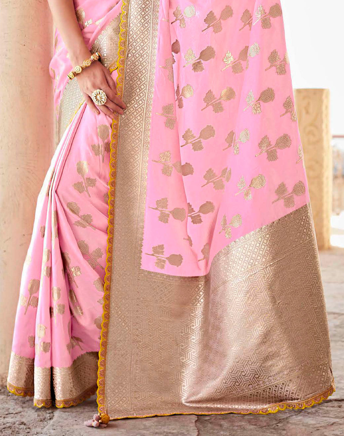 Light Pink Banarasi Dola Silk Lace Border Saree With Embroidered Blouse