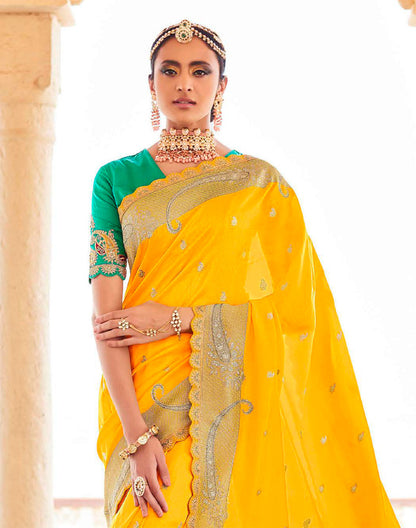 Fancy Lace Border Dola Silk Contrast Saree With Embroidered Blouse