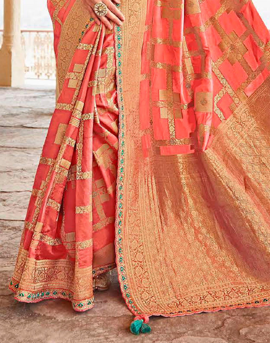 Peach Pure Dola Silk Banarasi Lace Border Saree With Designer Blouse