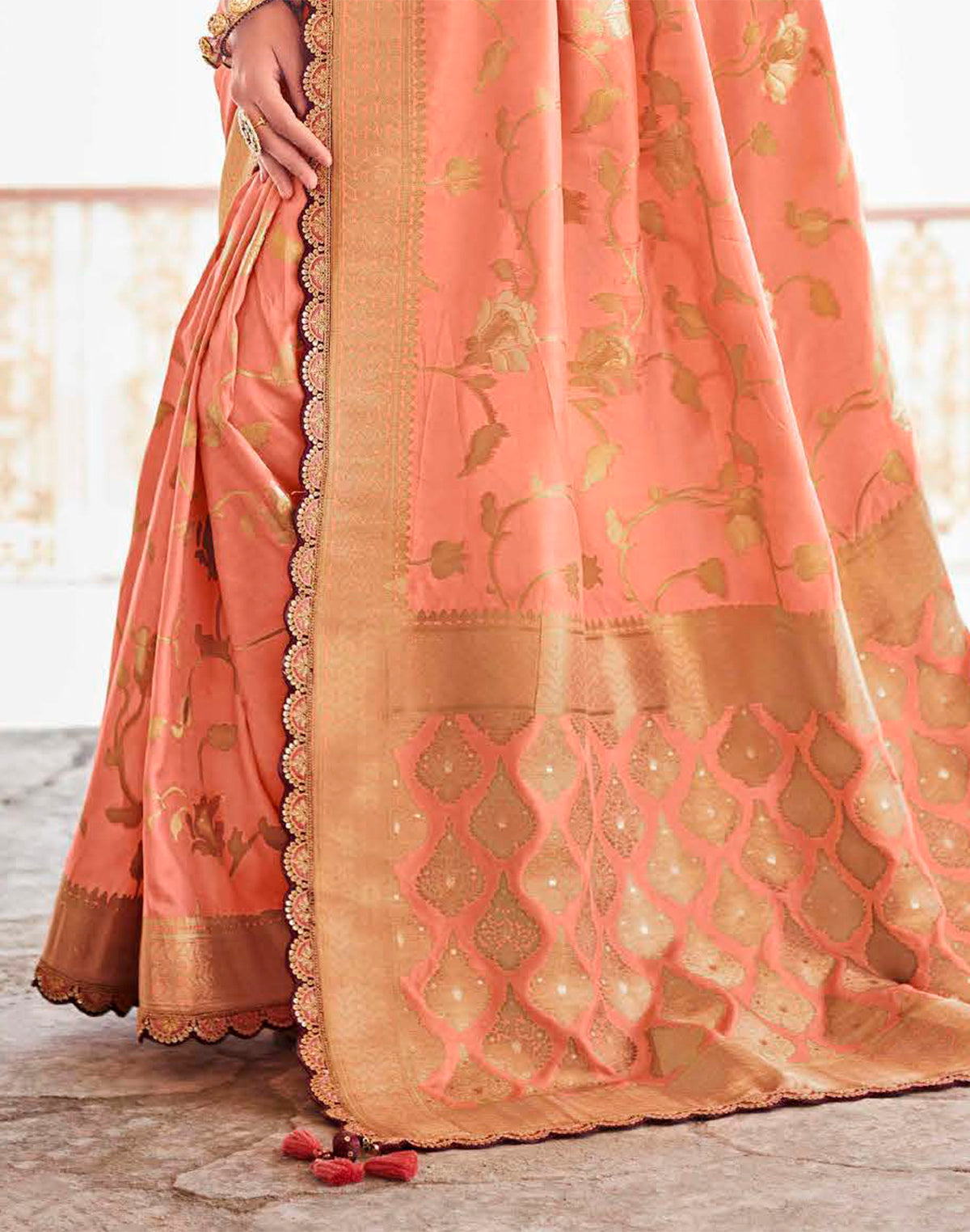 Soft Dola Silk Fancy Lace Border Light Peach Saree and Designer Blouse