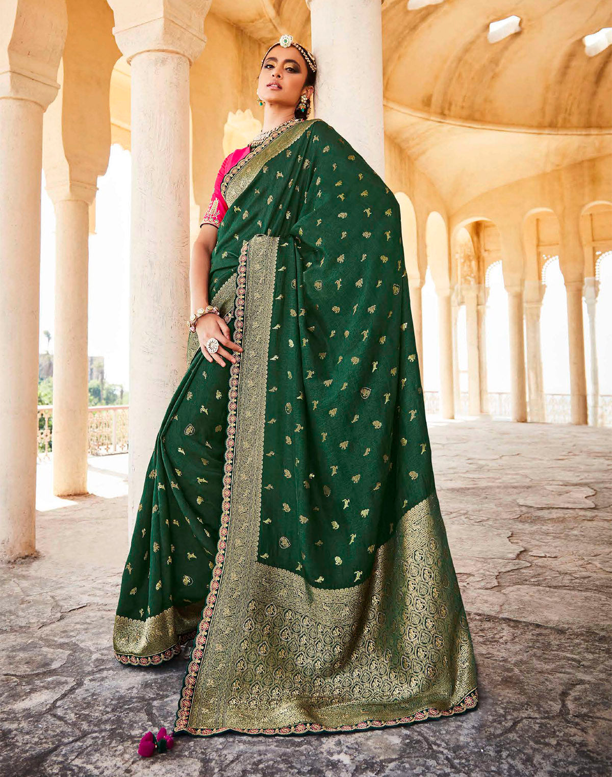 Dark Green Woven Banarasi Dola Silk Saree With Pink Embroidered Blouse