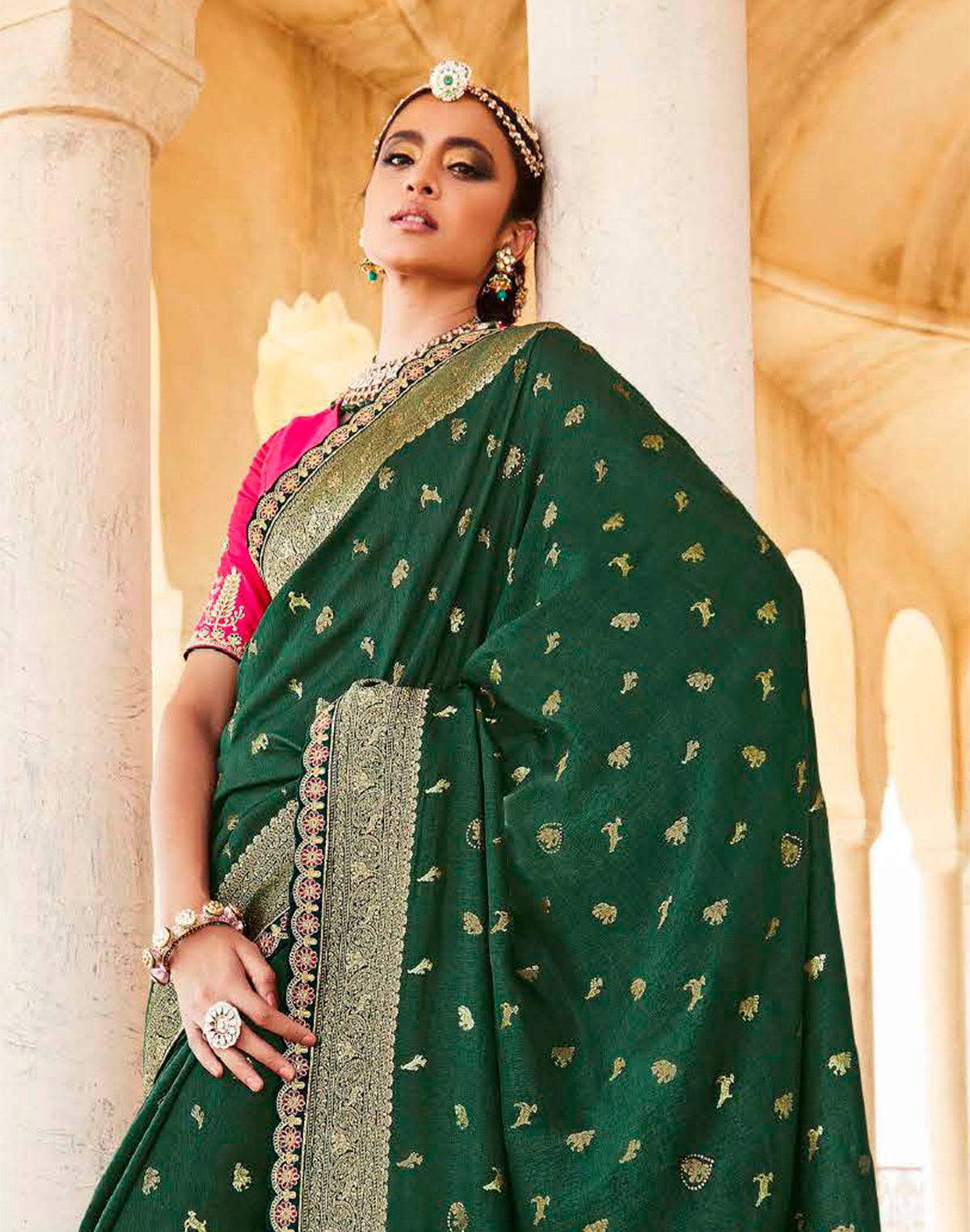 Dark Green Woven Banarasi Dola Silk Saree With Pink Embroidered Blouse