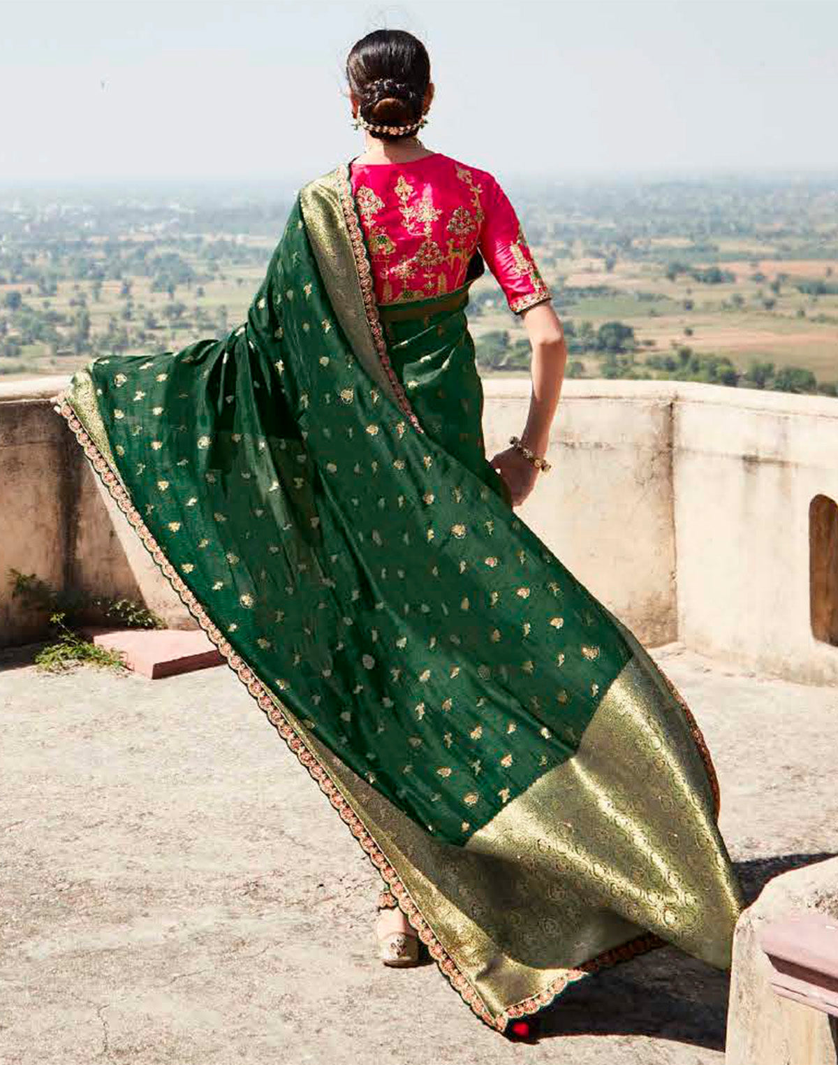 Dark Green Woven Banarasi Dola Silk Saree With Pink Embroidered Blouse