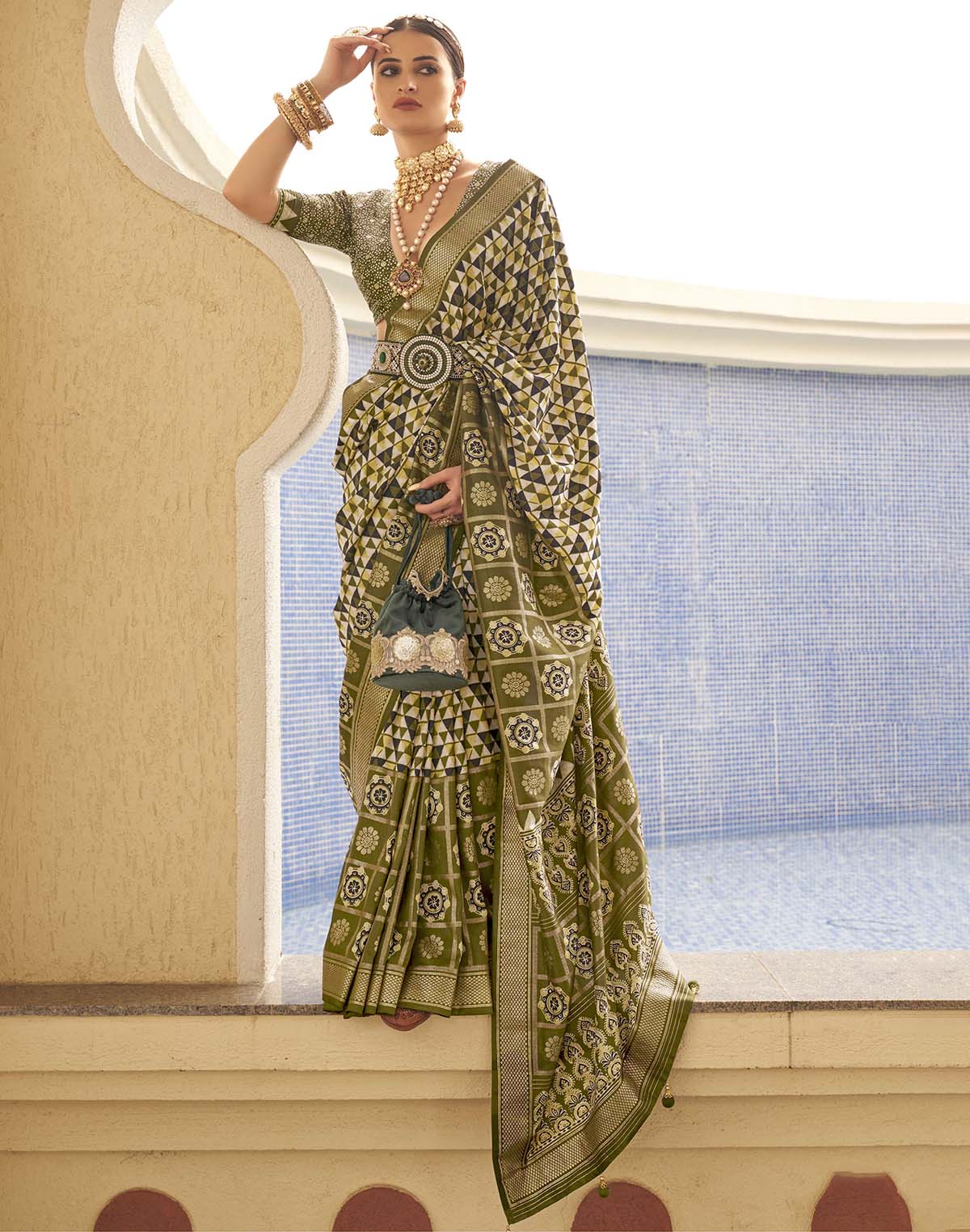 Mehendi Green Geometric Print Soft Silk Saree