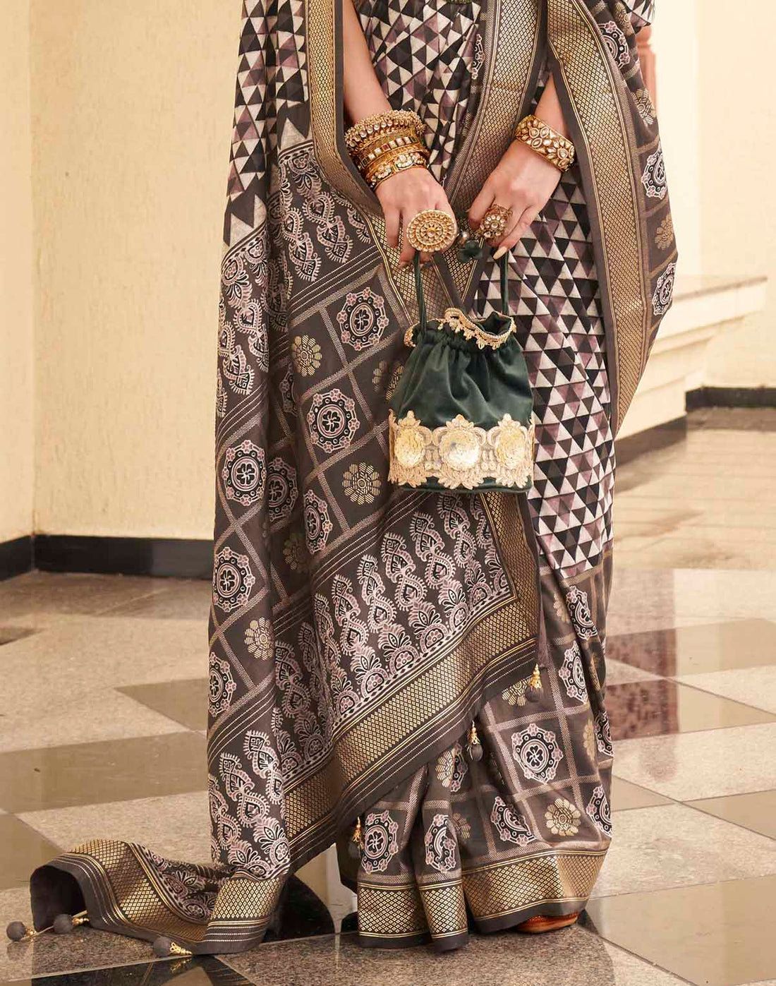 Classic Dark Brown Geometric Print Soft Silk Saree